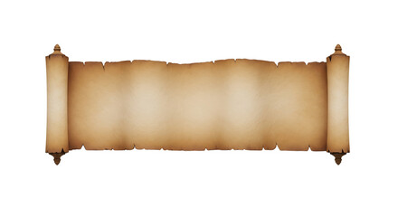 Vintage blank unrolled parchment scroll with tattered edges. Isolated on transparent background, png