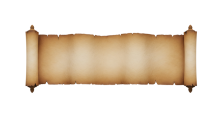 Vintage blank unrolled parchment scroll with tattered edges. Isolated on transparent background, png