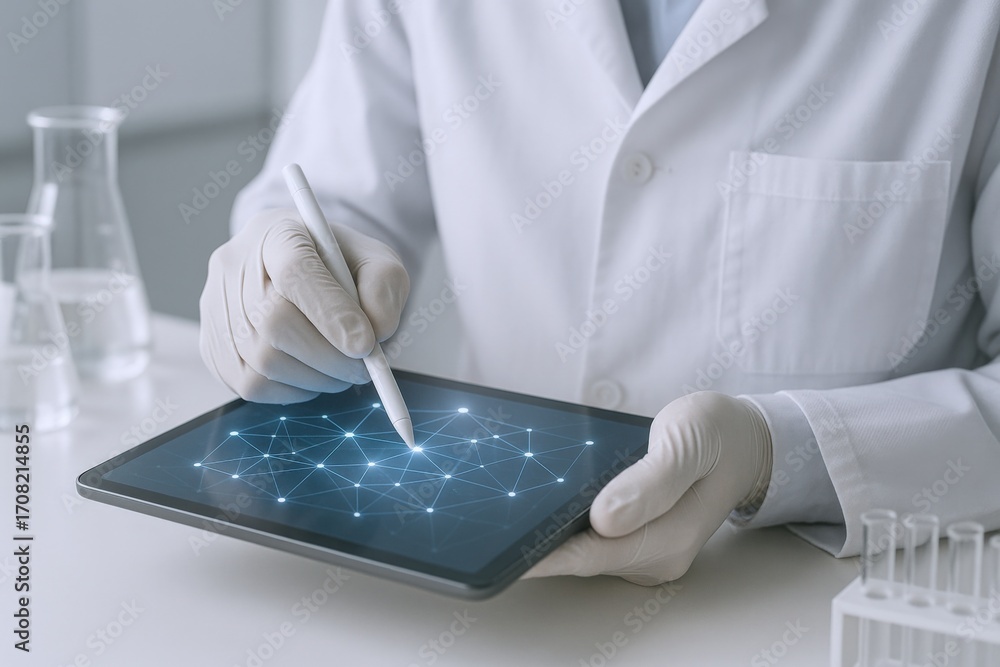 Poster scientist analyzing data on a tablet in a laboratory setting for research and development