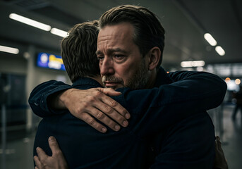 Farewell Embrace Father saying goodbye to son with heartfelt moment in airport.