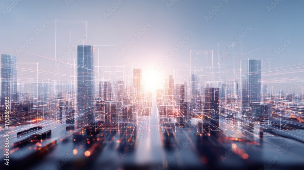 Poster futuristic cityscape visualization with abstract data connections and glowing light, representing te