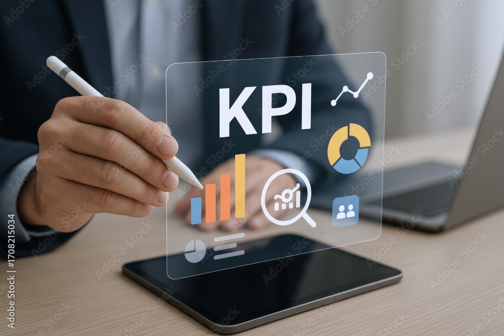 Poster analyzing key performance indicators with digital interface for strategic business decisions and goa