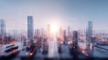Futuristic Cityscape Visualization with Abstract Data Connections and Glowing Light, Representing Technology and Innovation