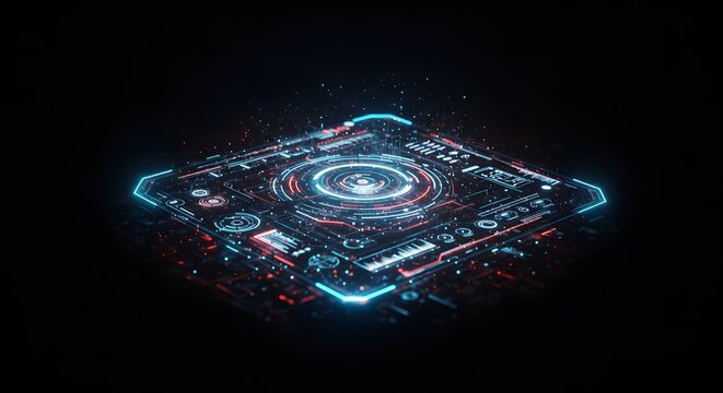 Futuristic 3D rendering of a cybernetic core with a glowing digital interface, representing advanced data processing and network technology on a dark background