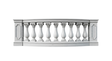 Elegant Architectural Detail A White Marble Balustrade Featuring Intricate Columns and Decorative Elements, Isolated on a Clean White Background