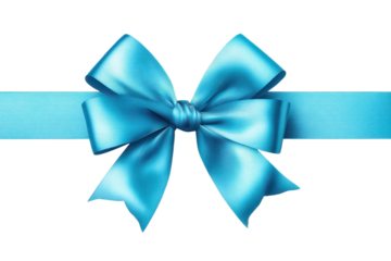 bright blue color satin ribbon with bow PNG, cutout isolated on transparent background. Present, gift, discount, coupon concept graphic resource