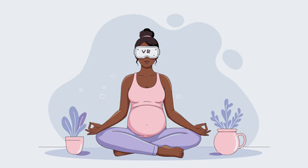 Pregnant woman meditating with VR goggles, promoting wellness and mindfulness for expecting mothers