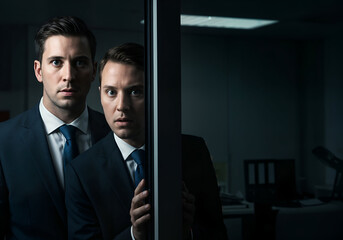 Suspicious Partners Two businessmen peeking from the corner in dark office.