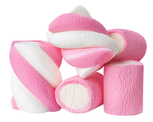 Many yummy colorful Marshmallows isolated on white background. Pile of Sugary sweet marshmallows closeup