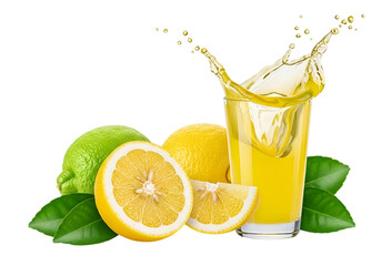 Freshly squeezed lemon juice bursts from a glass, surrounded by vibrant yellow and green lemons and leaves, against a stark black background.