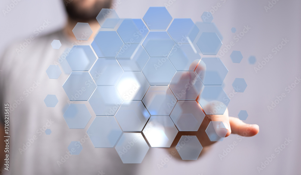 Poster abstract image of a person interacting with a digital hexagon interface. technology, innovation, con