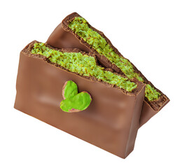 Flying Dubai Chocolate isolated on white background. Chocolate filled with  green pistachio paste and kadayif. Levitaing  trendy Dubai Chocolate