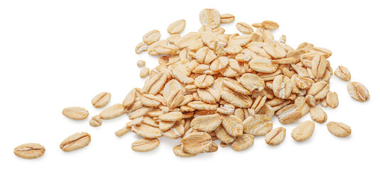Oat flakes heap isolated on white background. .Rolled oat flakes Top view. Flat lay