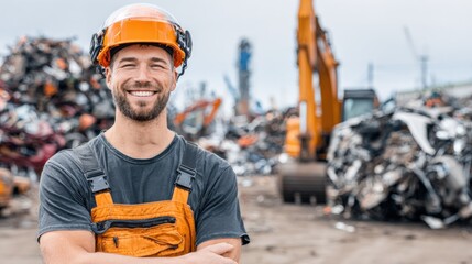 Smiling Metal Recycling Worker Wearing Safety Gear Standing Proudly with Heavy Equipment and Scrap Metal