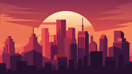 Stunning aerial cityscape vector illustration at sunset with warm orange hues