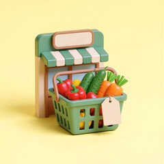 야채가 든 장바구니와 마트_3D 일러스트