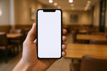 Hand Holding Smartphone with Blank White Screen in Restaurant Setting for App Advertisement