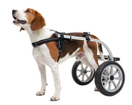Dog in wheelchair assistive pet technology white background, isolated on transparent background