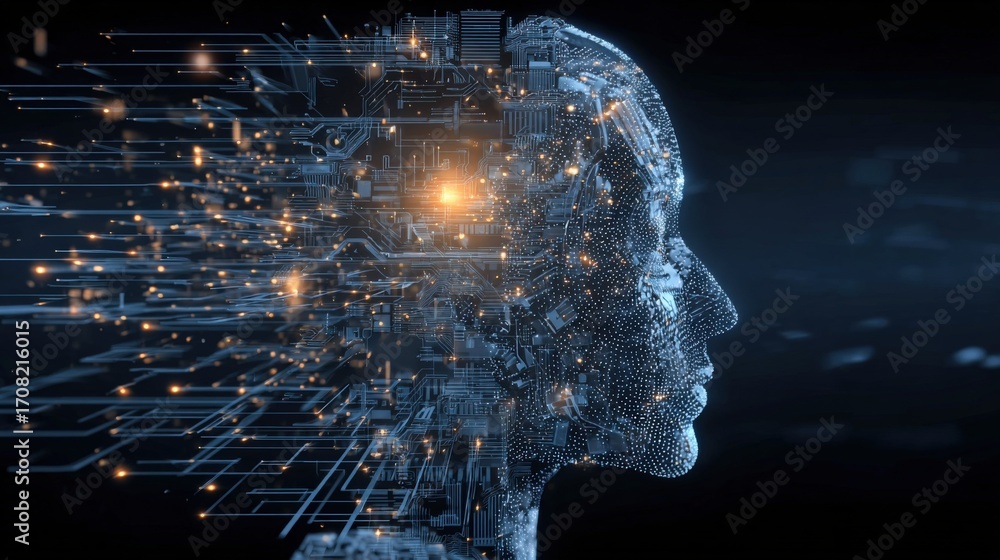 Poster artificial intelligence brain: digital mind concept with data flowing in a futuristic technology lan