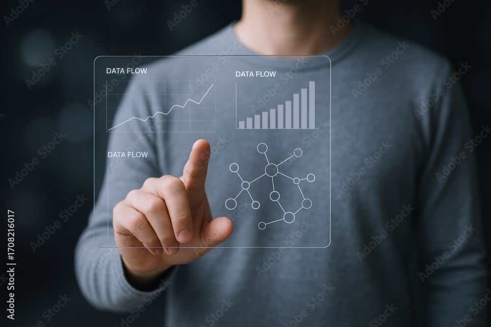 Poster man interacting with data visualization on transparent screen displaying analytics and growth charts