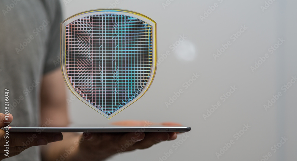 Poster secure your data! cybersecurity concept image showing a digital shield on a tablet.
