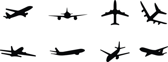 Airplane silhouettes, aircraft icons, aviation vector, flight positions, black airplanee angle, front view, angled aircraft, flying planes, airplane collection, silhouette set, aviation graphics, jet