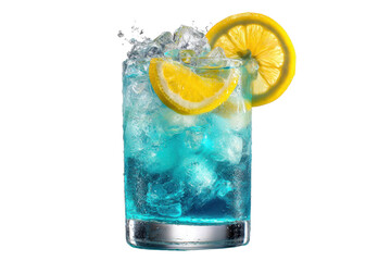 Blue Lagoon cocktail with lemon wheel garnish white PNG isolated background. Mixology, bar menu, colorful vibrant refreshing drink in highball glass