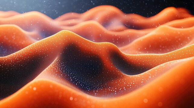 Abstract orange wavy surface with glowing particles