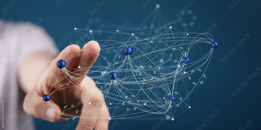 Poster abstract image of a hand interacting with a complex network. ideal for technology, ai, and connectiv