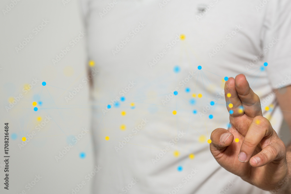 Poster abstract image of a person interacting with a digital network, showcasing connectivity and technolog