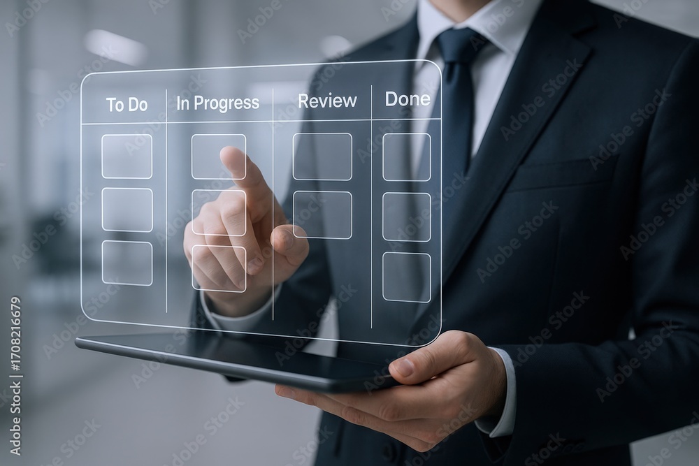 Aufkleber businessman managing project workflow using digital kanban board on a tablet, showcasing task manage