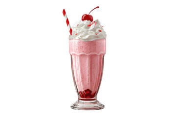 Cherry milkshake transparent PNG, isolated background. Whipped cream topping garnish, served in glass, striped straw, shake bar menu dessert