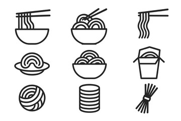Noodle and ramen line icon set. Asian food symbols for restaurant menu. Minimalist vector pictogram of pasta bowl, chopsticks, and takeout box. Chinese, Japanese food concept.