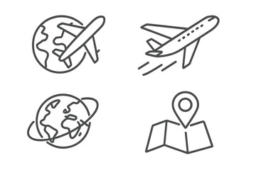 Airplane travel and transport line icon set. Global flight, international journey, world tour, and destination map pin. Aviation and tourism vector symbols concept.