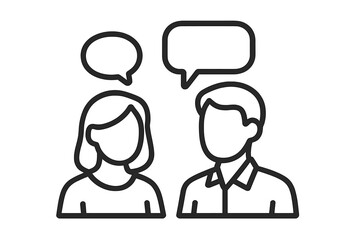 Faceless people talking icon. Man and woman with speech bubbles. Communication, dialogue, discussion concept. Couple conversation. Business meeting, support, advice icon.