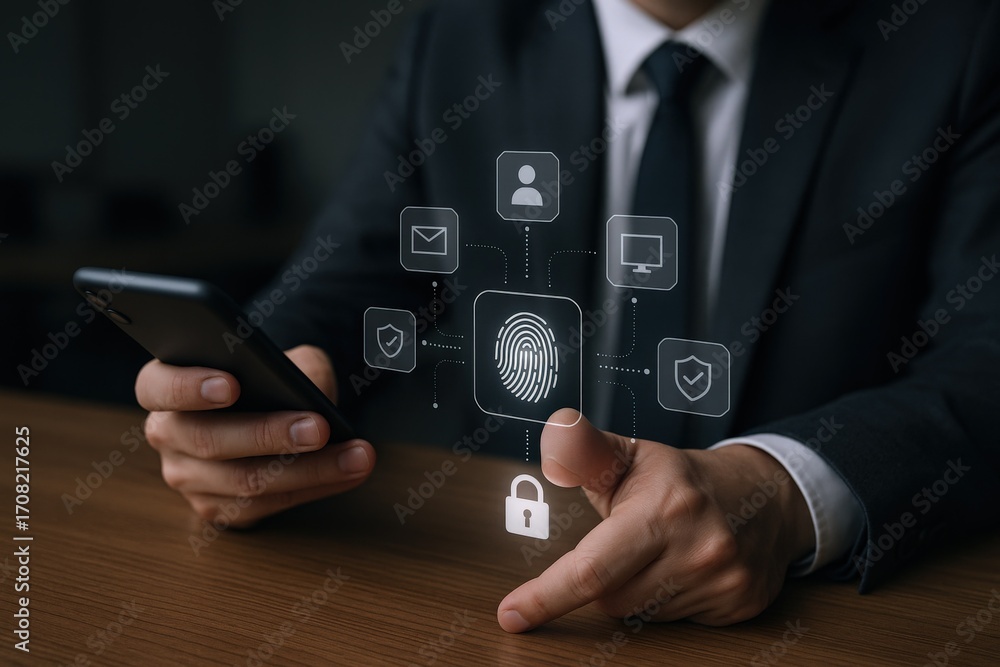 Poster secure mobile access: businessman using biometric authentication on smartphone for digital security