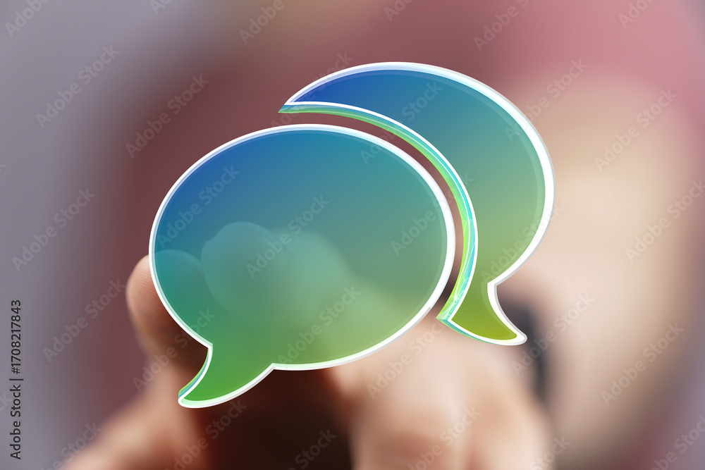 Poster abstract image of two speech bubbles, representing communication and dialogue.