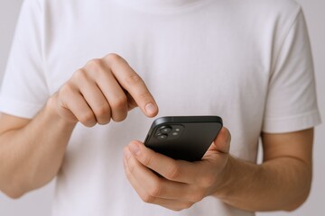 Man Interacting with Smartphone, Holding Mobile Device, Modern Technology and Communication, Close-Up View