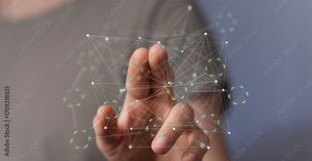 Poster abstract image depicting a hand interacting with a complex network, representing global connections 