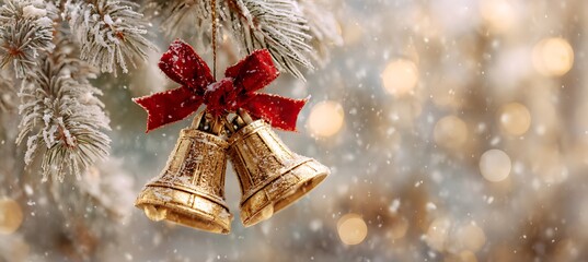 Two golden christmas bells hanging on a snowy fir branch with a red bow, festive winter decoration