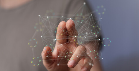 Abstract image depicting a hand interacting with a complex network, representing global connections...