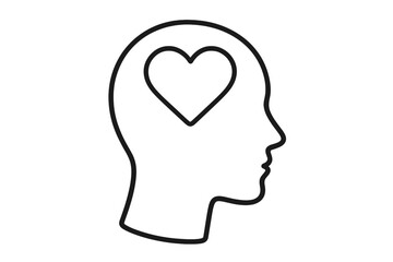 Concept of emotional intelligence, empathy, love, and feelings. Head silhouette with a heart inside. Psychology and mental health symbol. Vector icon for self-care and passion.