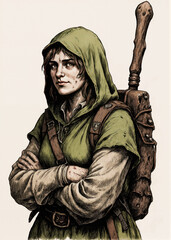 Fantasy RPG illustration of a traveler dwarf woman i faded green wool tunic, hod pushed back, arms folde, old school tabletop rolelaying character artwork
