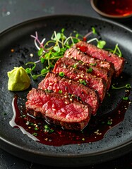Zartes Wagyu-Steak, fein aufgeschnitten, serviert auf einem dunklen Teller