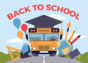 Yellow bus poster. Back to school banner, large graduation cap, kids education, backpack and supplies, car front view, cartoon flat isolated city transport, banner design nowaday vector concept