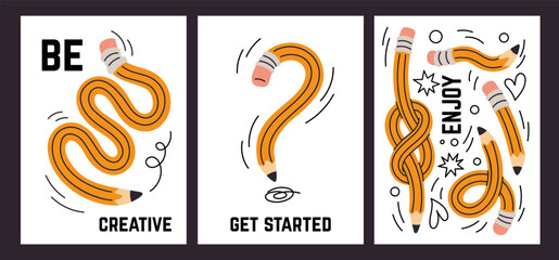 Twisted funny pencils cards. Flexible dancing forms, long curved writing supplies, back to school poster, creative handwriting, notebook cover or print, garish vector cartoon isolated set