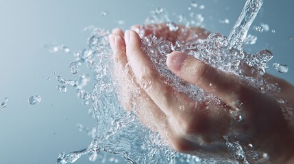 Fototapeta premium Hands Cupping Fresh, Clean Water Splashing: Hygiene, Wellness, and Purity Concept for Healthcare and Lifestyle Advertising