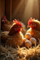 Fototapeta premium Golden Hens and Fresh Eggs A Rustic Farm Scene