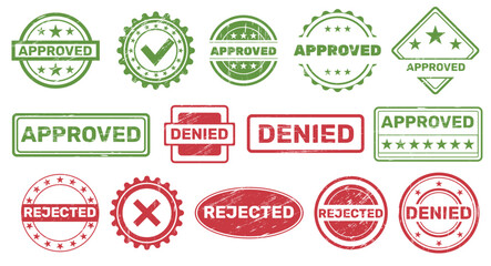 Rejected stamp. Different shapes approved prints, grunge texture, official seals with inscriptions, state structures, graphic certified emblem for product qualitative vector isolated set