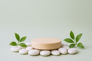 Minimalist Product Display Podium Featuring Natural Wood, White Stones, and Green Leaves Against a Neutral Background